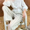 Women's Cotton Floral Embroidery Lace Ruffle Puff 3/4 Sleeve Top Skirt Set