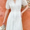 French Riviera Broderie Anglaise Cotton Puff Sleeve Midi Dress