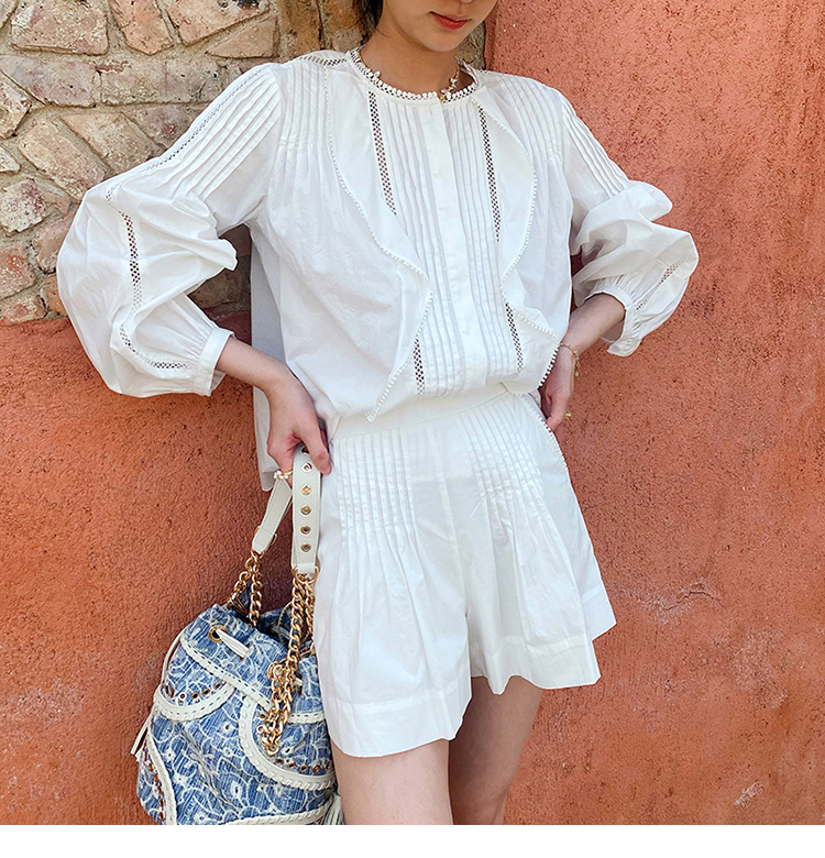 Women's French White Cotton Pleated Long Sleeve Shirt