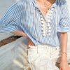 Women's Resort Striped Linen Mix Short Sleeve Loose V Neck Shirt Lace Tassel