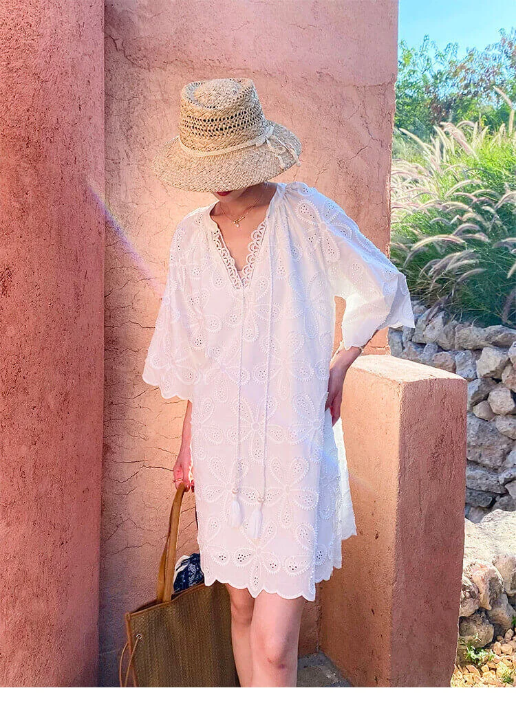 Cotton Embroidered Eyelet Tassel Loose Midi Dress 3/4 Sleeve Boho