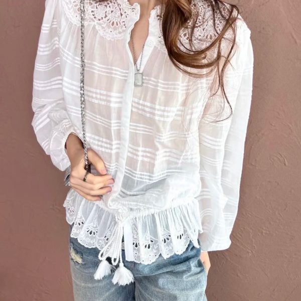 French Riviera Breathable Cotton Broderie Anglaise Long Sleeve Blouse