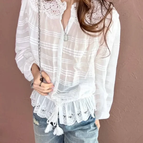 French Riviera Breathable Cotton Broderie Anglaise Long Sleeve Blouse