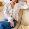 French Riviera Pure Cotton Broderie Anglaise Ruffled Blouse