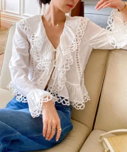 French Riviera Pure Cotton Broderie Anglaise Ruffled Blouse