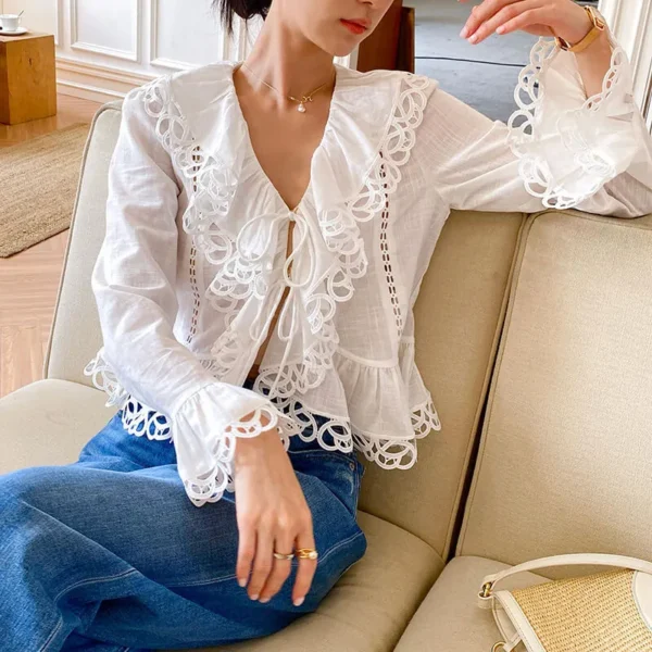 French Riviera Pure Cotton Broderie Anglaise Ruffled Blouse