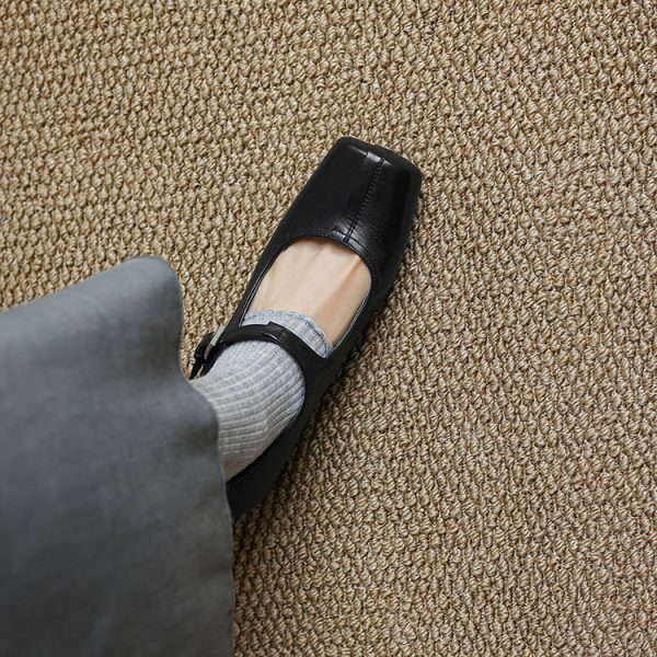 Handmade Square Toe Buckle Leather Block Heel Women Mary Janes Shoes