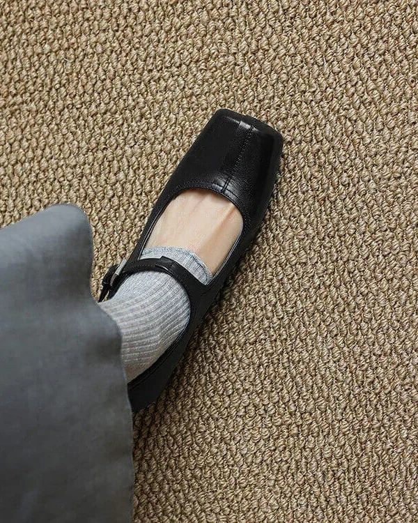 Handmade Square Toe Buckle Leather Block Heel Women Mary Janes Shoes