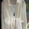 Women's Shimmer Sheer Long Sleeve Loose Polo Collar Patchwork Blouse