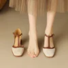 Women's French Retro Cowhide T-Strap Sandals Square Toe Medium Thick Heel