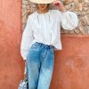 Women's French White Cotton Pleated Long Sleeve Shirt