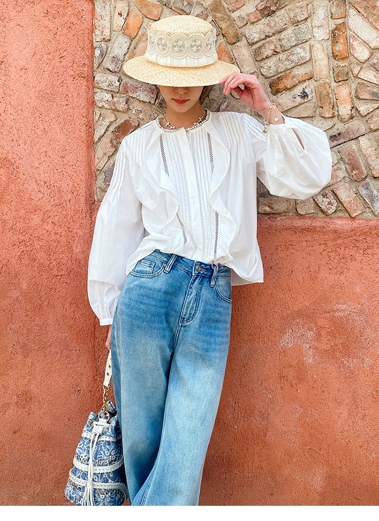 Women's French White Cotton Pleated Long Sleeve Shirt