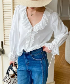 French Riviera Broderie Anglaise Pure Cotton Long Sleeve Blouse