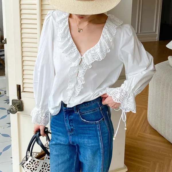 French Riviera Broderie Anglaise Pure Cotton Long Sleeve Blouse