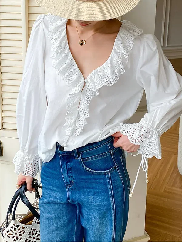 French Riviera Broderie Anglaise Pure Cotton Long Sleeve Blouse