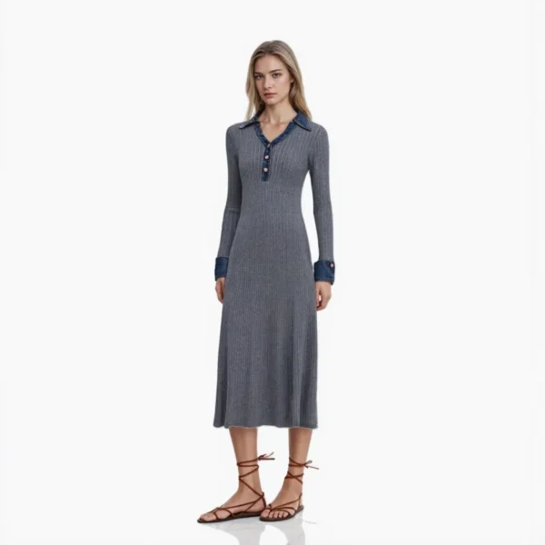 Elegant Wool Blend Denim Patchwork Polo Long Sleeve Knit Midi Dress