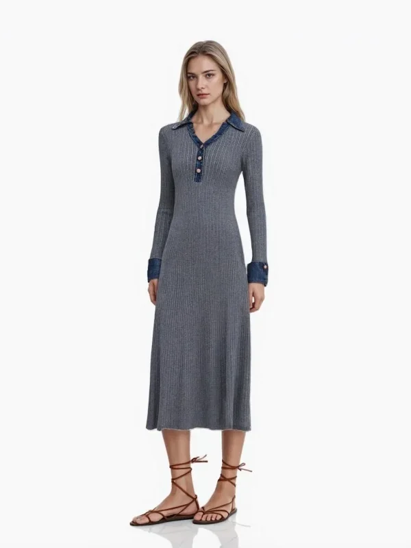 Elegant Wool Blend Denim Patchwork Polo Long Sleeve Knit Midi Dress