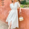 French Riviera Broderie Anglaise Cotton Puff Sleeve Midi Dress