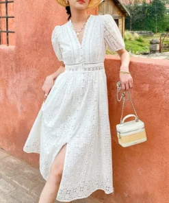French Riviera Broderie Anglaise Cotton Puff Sleeve Midi Dress