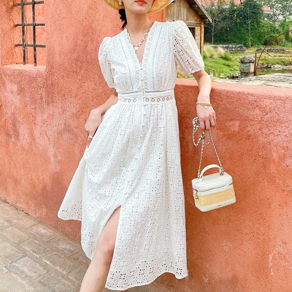 French Riviera Broderie Anglaise Cotton Puff Sleeve Midi Dress