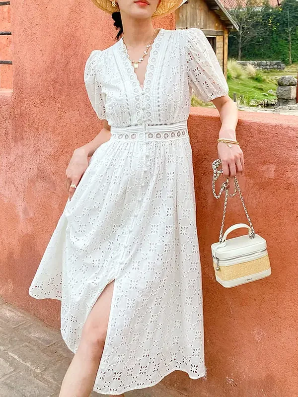French Riviera Broderie Anglaise Cotton Puff Sleeve Midi Dress
