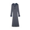 Elegant Wool Blend Denim Patchwork Polo Long Sleeve Knit Midi Dress