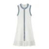 White Sleeveless Knit Midi Dress Button Front Pleated Contrast Trim Elegant Work Casual