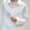 Minimalist Breathable Linen Loose Long Sleeve Polo Blouse