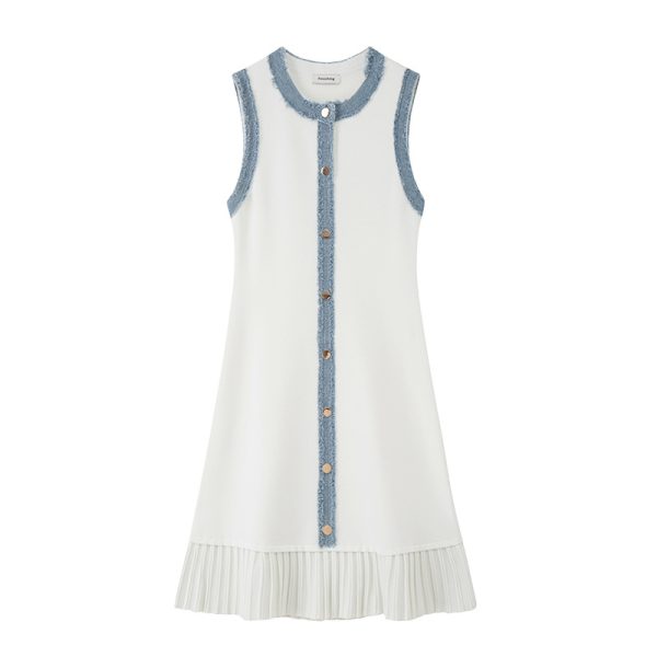 White Sleeveless Knit Midi Dress Button Front Pleated Contrast Trim Elegant Work Casual