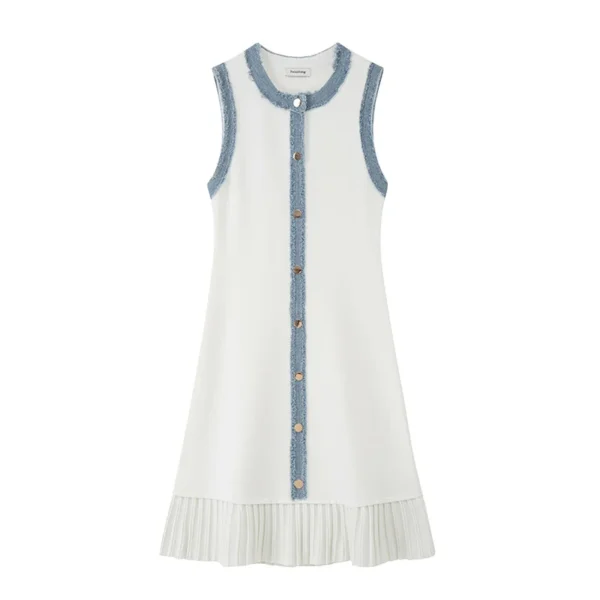 White Sleeveless Knit Midi Dress Button Front Pleated Contrast Trim Elegant Work Casual