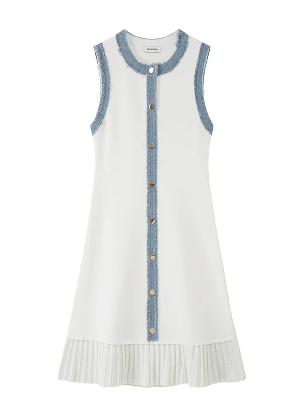 White Sleeveless Knit Midi Dress Button Front Pleated Contrast Trim Elegant Work Casual