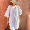 Cotton Embroidered Eyelet Tassel Loose Midi Dress 3/4 Sleeve Boho
