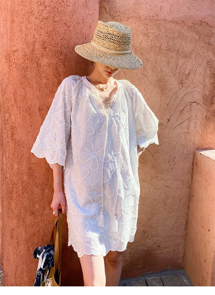 Cotton Embroidered Eyelet Tassel Loose Midi Dress 3/4 Sleeve Boho