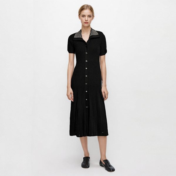 Women Black Rhinestone Collar Buttoned Short Sleeve Knit Midi Dress
