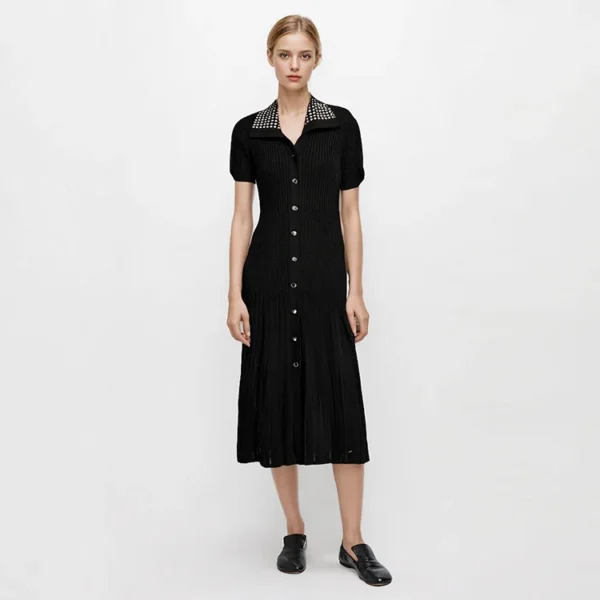 Women Black Rhinestone Collar Buttoned Short Sleeve Knit Midi Dress
