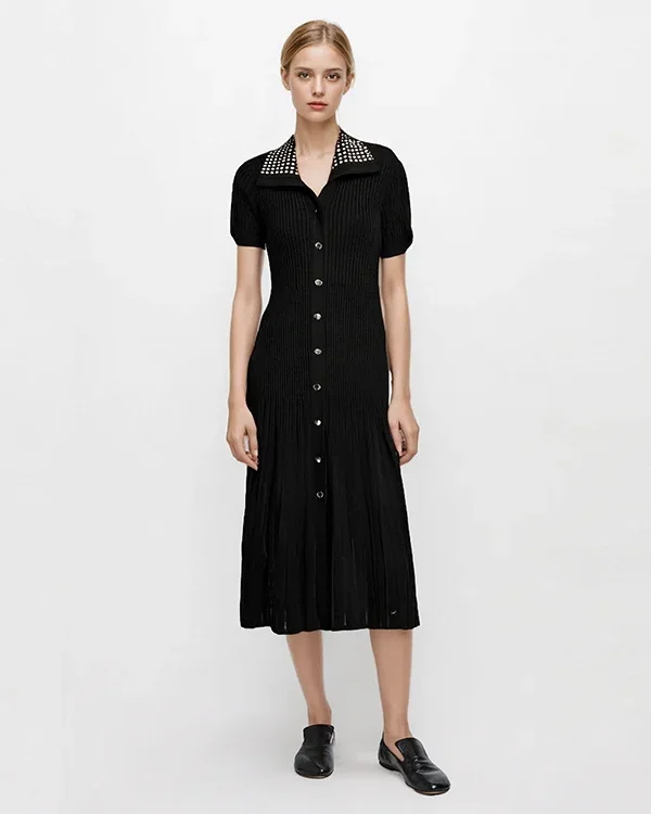Women Black Rhinestone Collar Buttoned Short Sleeve Knit Midi Dress