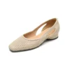 Women's Square Toe Perforated Block Heel Shoes Sheepskin Sandal