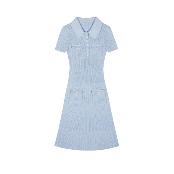 Skin-Friendly Cooling Sequin Ribbed Knit Polo Short Sleeve Midi Dress Casual