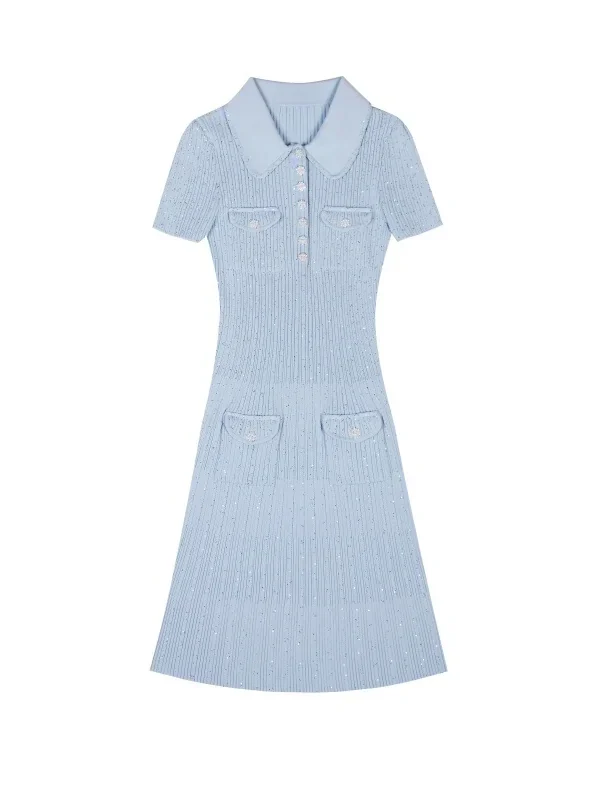 Skin-Friendly Cooling Sequin Ribbed Knit Polo Short Sleeve Midi Dress Casual
