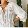 Boho White Breathable Cotton Broderie Anglaise Puff Sleeve Blouse