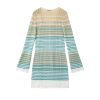Elegant High Waist V Neck Long Sleeve Striped Open Knit Midi Dress Skin-Friendly Cooling