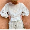 Women's Cotton Floral Embroidery Lace Ruffle Puff 3/4 Sleeve Top Skirt Set