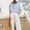 Women's Resort Striped Linen Mix Short Sleeve Loose V Neck Shirt Lace Tassel