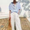 Women's Resort Striped Linen Mix Short Sleeve Loose V Neck Shirt Lace Tassel
