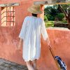 Cotton Embroidered Eyelet Tassel Loose Midi Dress 3/4 Sleeve Boho