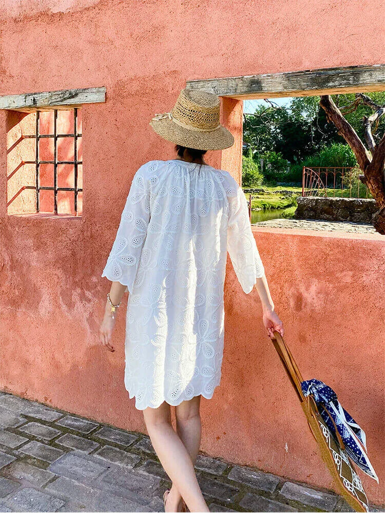 Cotton Embroidered Eyelet Tassel Loose Midi Dress 3/4 Sleeve Boho