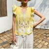 Womens Resort Floral Embroidered Blouse V Neck KimonoSleeve TieUp