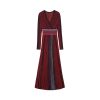 Women Red Shine Striped Vneck Long Sleeve High Waist A Line Maxi Dress Skin-Friendly Cooling