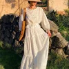 Women's Cotton Floral Embroidery Lace Ruffle Puff 3/4 Sleeve Top Skirt Set