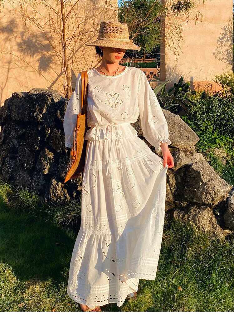 Women's Cotton Floral Embroidery Lace Ruffle Puff 3/4 Sleeve Top Skirt Set